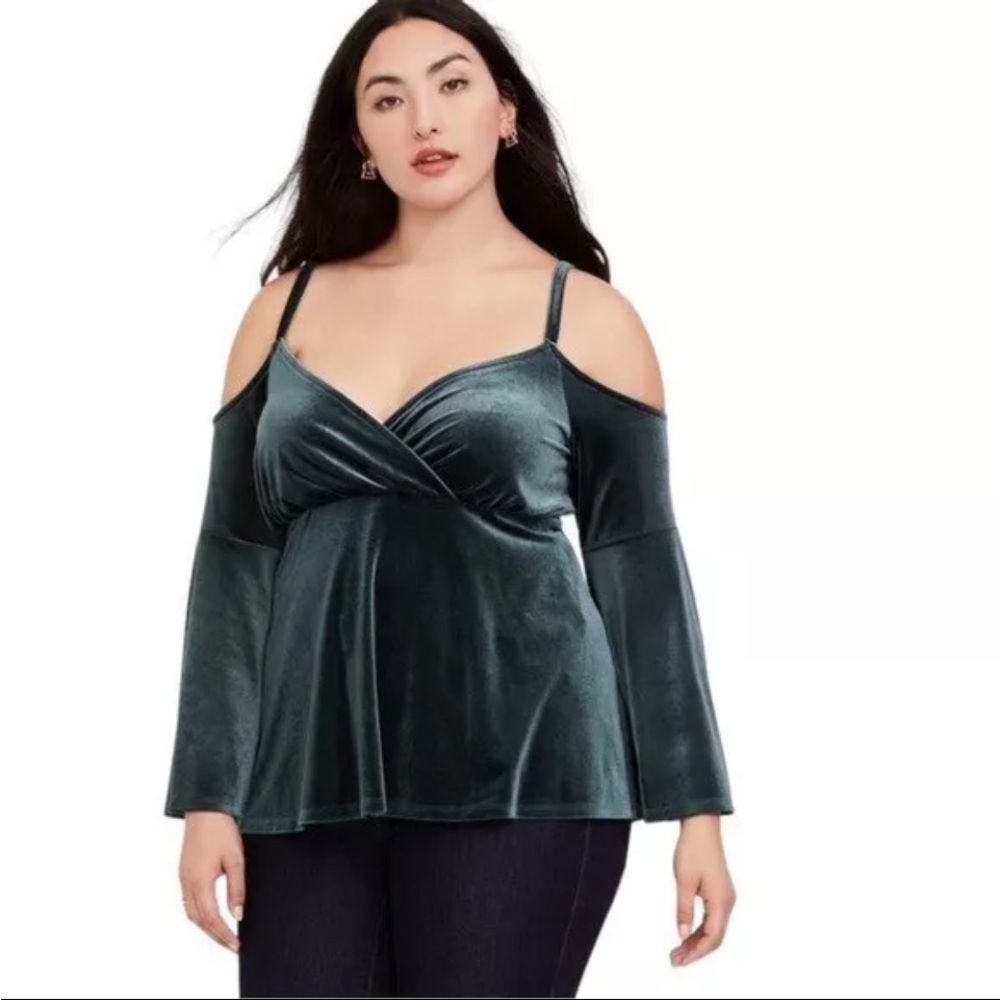 Torrid Knit Velvet V-Neck Cold Shoulder Long Sleeve Babydoll Green Blouse